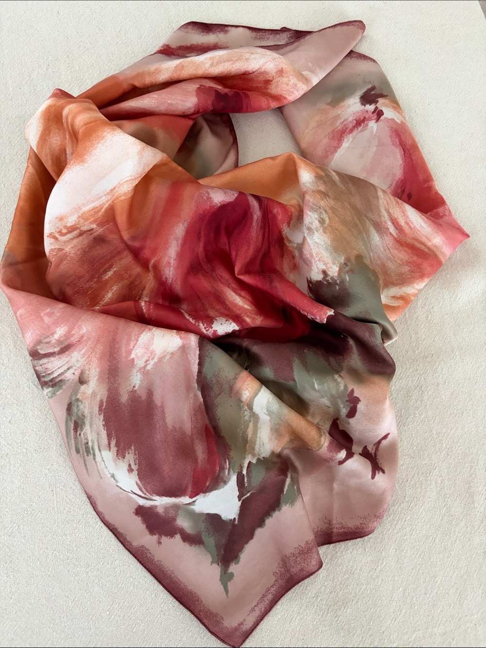 Silk-Feel Watercolor Print Scarf in Rose and Coral